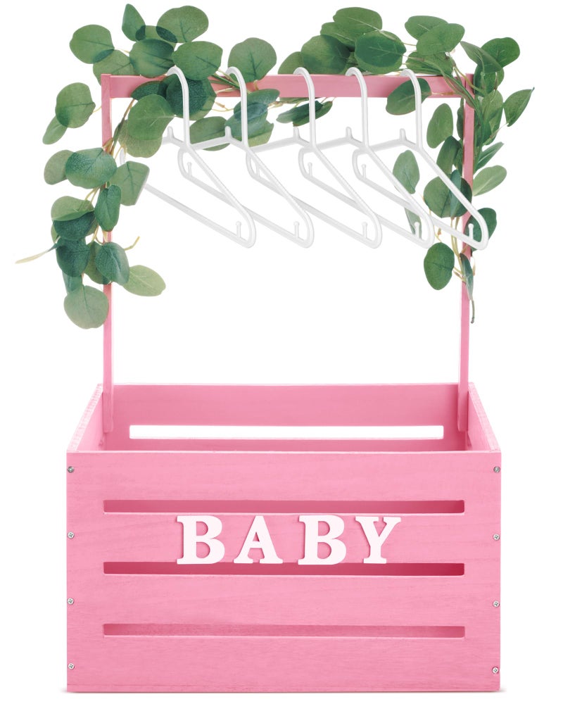 Barydat Large Wooden Baby Shower Crate Closet with Handle and Garland 177inch Baby Shower Basket for Newborn Girl Boys Gifts Pregnancy New ParentPink
