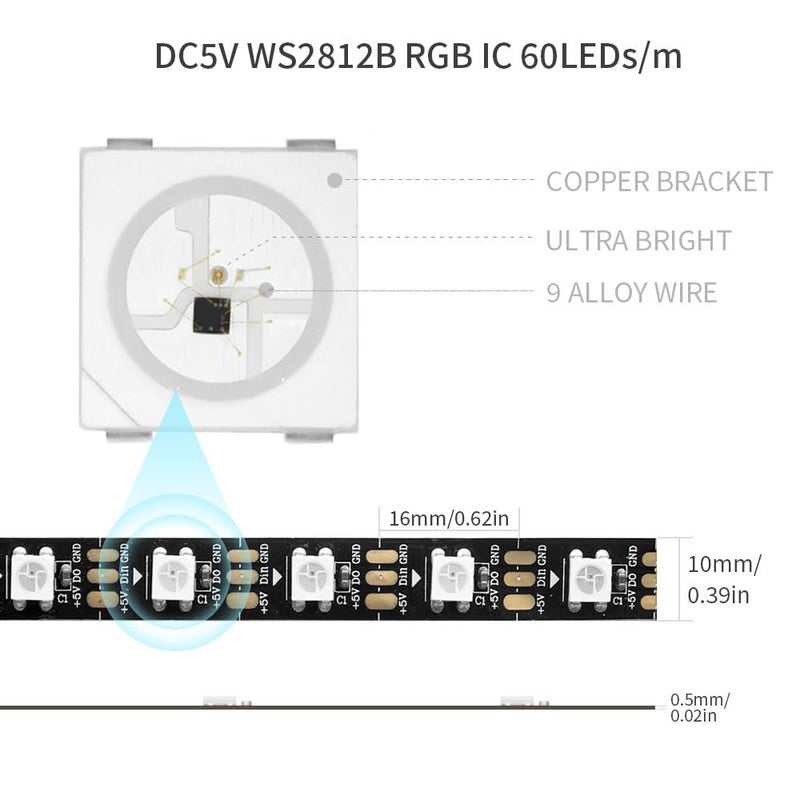 LOAMLIN WS2812B IC RGB 5050SMD ECO Individual Addressable LED Strip Light, 16.4FT 300LED 60LED/m Flexible Full Color IP30 DC5V Black PCB for DIY Project (No Power Adapter or Controller) - Image 2