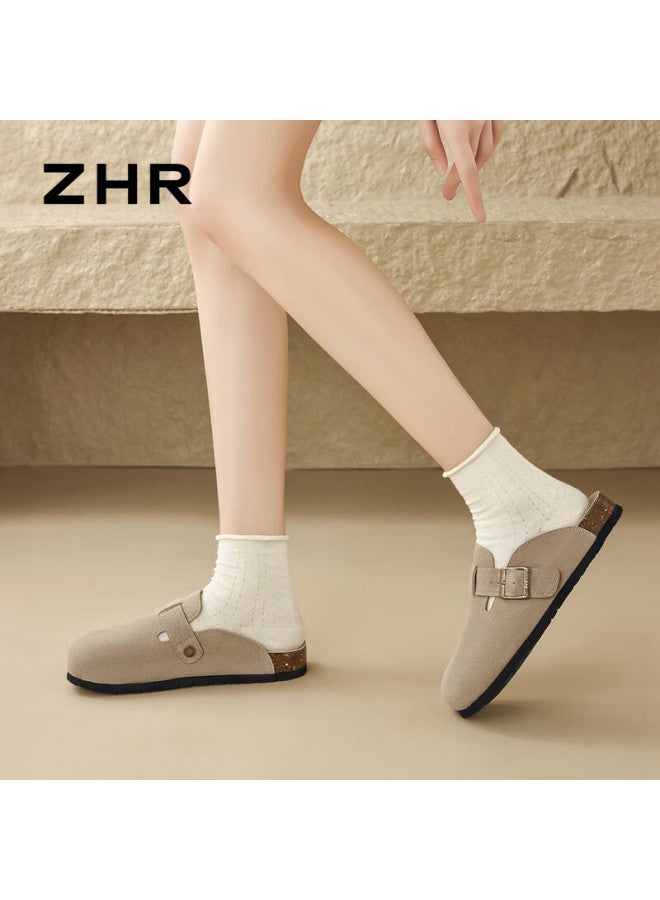 Zhr Women's Slippers, Retro Suede Cowhide Birkenstock-style Shoes, Soft-soled Outdoor Wear, Closed-toe Slippers For Women, Jq03, Sand Color, Size 35 - Image 4
