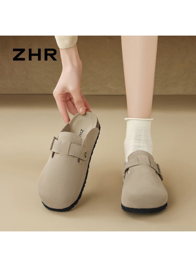 Zhr Women's Slippers, Retro Suede Cowhide Birkenstock-style Shoes, Soft-soled Outdoor Wear, Closed-toe Slippers For Women, Jq03, Sand Color, Size 35 - Image 2
