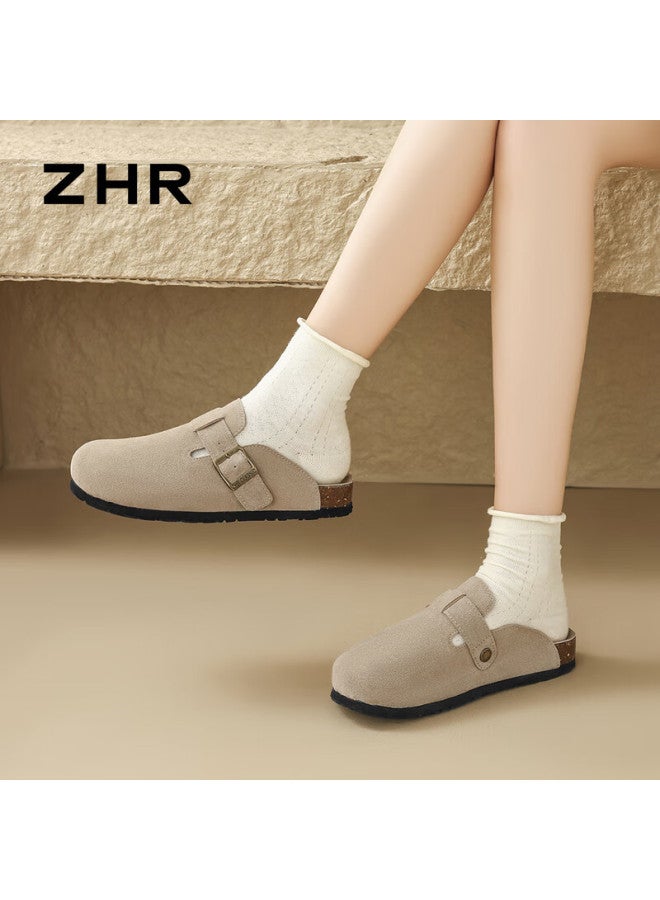 Zhr Women's Slippers, Retro Suede Cowhide Birkenstock-style Shoes, Soft-soled Outdoor Wear, Closed-toe Slippers For Women, Jq03, Sand Color, Size 35 - Image 3