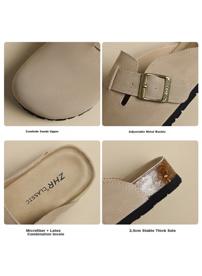 Zhr Women's Slippers, Retro Suede Cowhide Birkenstock-style Shoes, Soft-soled Outdoor Wear, Closed-toe Slippers For Women, Jq03, Sand Color, Size 35 - Image 5
