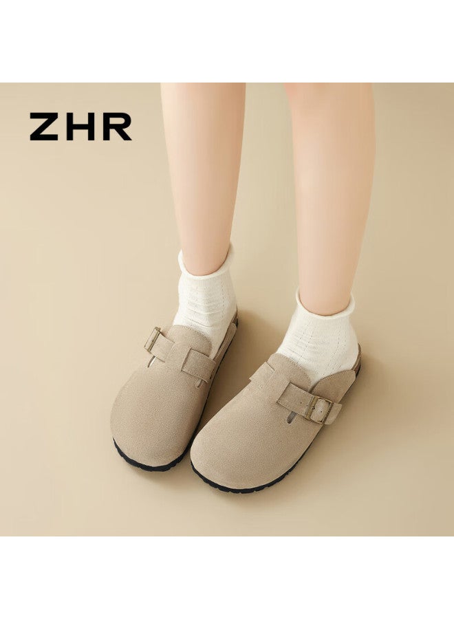 Zhr Women's Slippers, Retro Suede Cowhide Birkenstock-style Shoes, Soft-soled Outdoor Wear, Closed-toe Slippers For Women, Jq03, Sand Color, Size 35 - Image 1