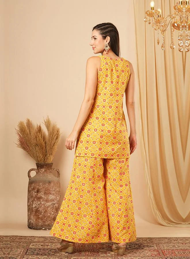 Globus  Geometric Print Zari Embroidered Yoke Kurti and Palazzo Festive Co-Ords for Women | Best Price UAE