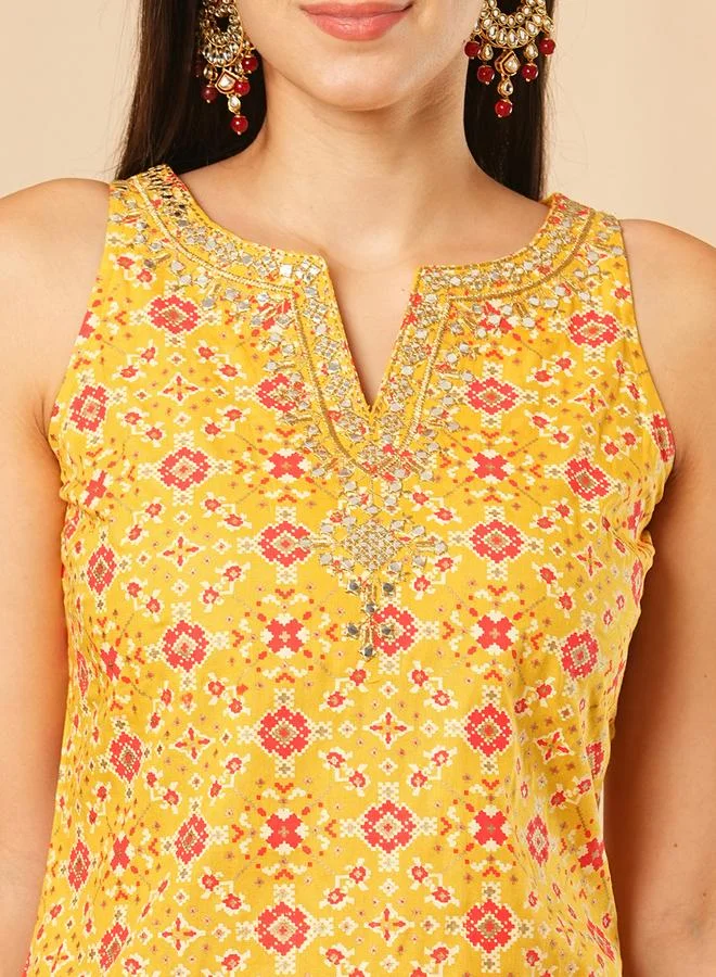 Globus  Geometric Print Zari Embroidered Yoke Kurti and Palazzo Festive Co-Ords for Women | Best Price UAE