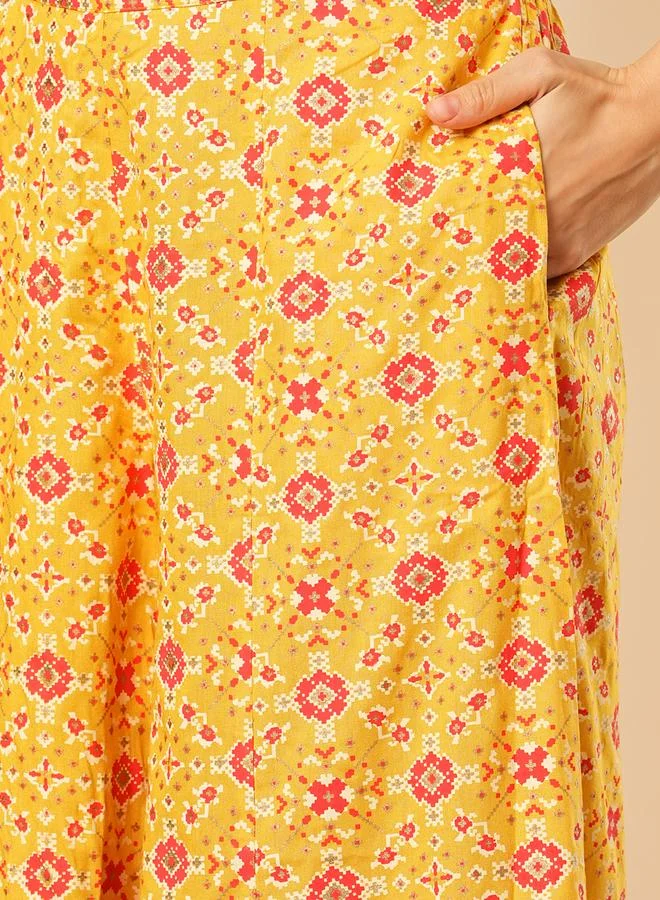 Globus  Geometric Print Zari Embroidered Yoke Kurti and Palazzo Festive Co-Ords for Women | Best Price UAE