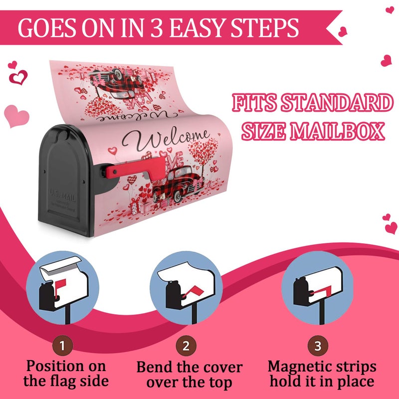 ARKUKT Valentine'S Day Mailbox Cover Magnetic Welcome Love Heart Truck Mailbox Wraps Post Letter Box Cover For Garden Yard Home Decor Standard Size 21"" X 18"" - Image 4