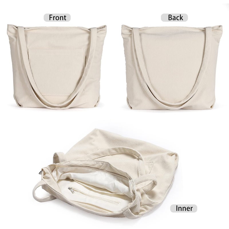 WantGor Women Corduroy Tote, Large Shoulder Hobo Bags Casual Handbags Big Capacity Shopping Purses Work Bag (Beige) - Image 2
