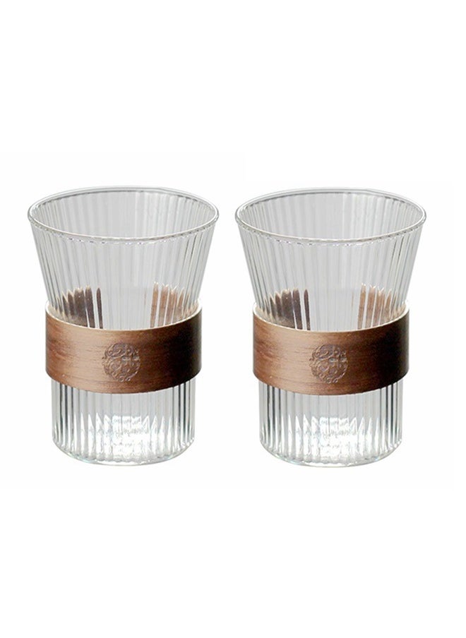 HOOPZOZA Glass Coffee Cup 2PCS With Heat Insulation Wood Chips Juice Cup Milk Cup Mousse Mug 310mL Vertical Stripes for Water Tea Cup Drink  - Image 1