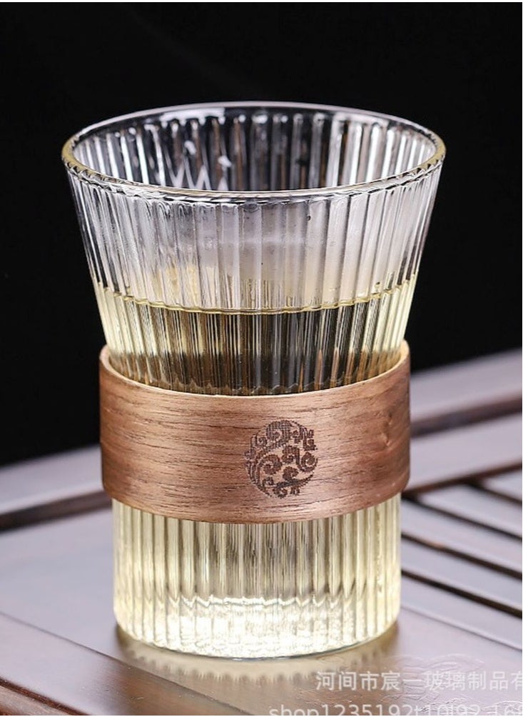 HOOPZOZA Glass Coffee Cup 2PCS With Heat Insulation Wood Chips Juice Cup Milk Cup Mousse Mug 310mL Vertical Stripes for Water Tea Cup Drink  - Image 5