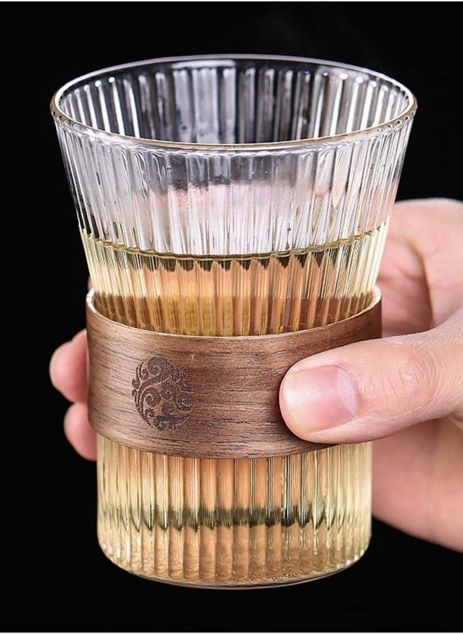 HOOPZOZA Glass Coffee Cup 2PCS With Heat Insulation Wood Chips Juice Cup Milk Cup Mousse Mug 310mL Vertical Stripes for Water Tea Cup Drink  - Image 3