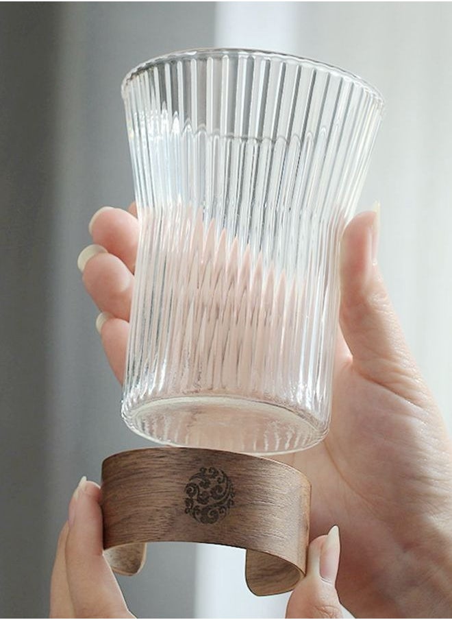 HOOPZOZA Glass Coffee Cup 2PCS With Heat Insulation Wood Chips Juice Cup Milk Cup Mousse Mug 310mL Vertical Stripes for Water Tea Cup Drink  - Image 4