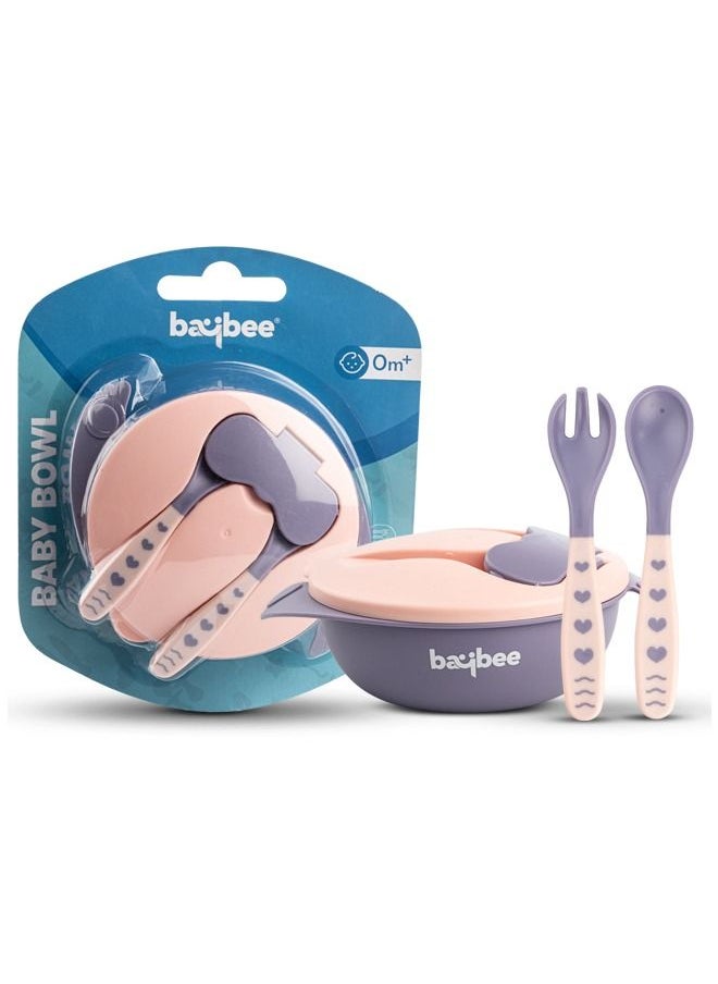 BAYBEE Silicone Baby Feeding Bowl With Closing Lid Suction Cup Spoon Fork Set For Baby Feeding Baby Tableware Set Soft First Stage Feeding Baby Bowls Kids Bowl Spoon Set For Baby Toddlers Pink  - Image 1