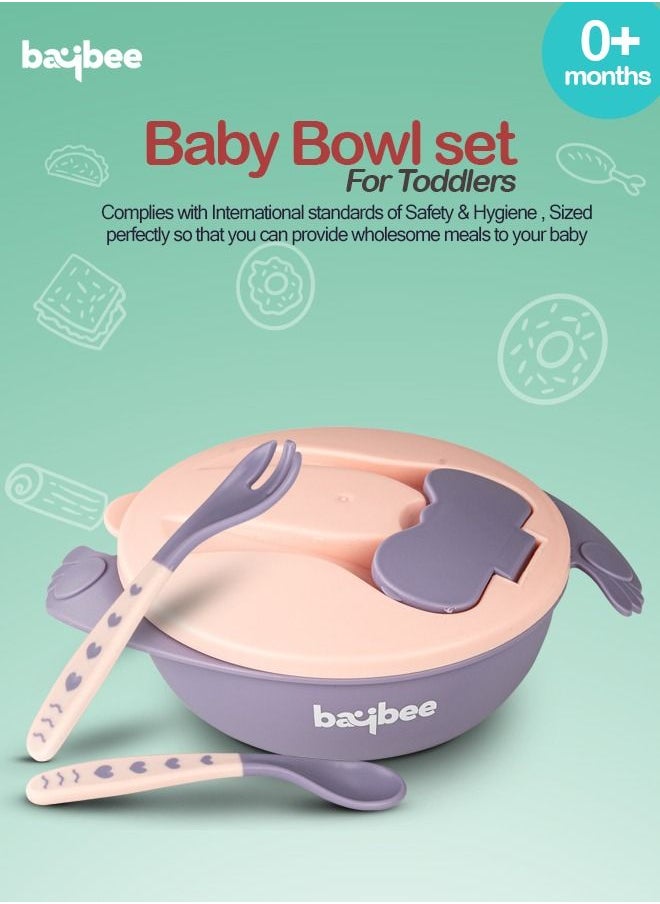 BAYBEE Silicone Baby Feeding Bowl With Closing Lid Suction Cup Spoon Fork Set For Baby Feeding Baby Tableware Set Soft First Stage Feeding Baby Bowls Kids Bowl Spoon Set For Baby Toddlers Pink  - Image 3