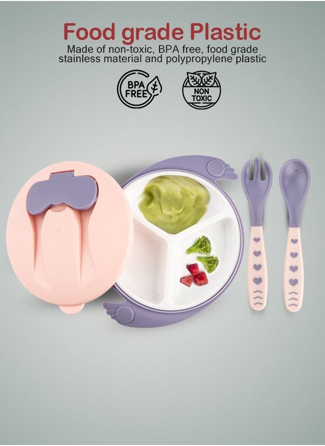 BAYBEE Silicone Baby Feeding Bowl With Closing Lid Suction Cup Spoon Fork Set For Baby Feeding Baby Tableware Set Soft First Stage Feeding Baby Bowls Kids Bowl Spoon Set For Baby Toddlers Pink  - Image 4
