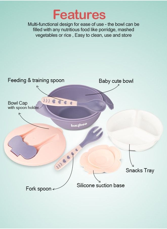 BAYBEE Silicone Baby Feeding Bowl With Closing Lid Suction Cup Spoon Fork Set For Baby Feeding Baby Tableware Set Soft First Stage Feeding Baby Bowls Kids Bowl Spoon Set For Baby Toddlers Pink  - Image 5