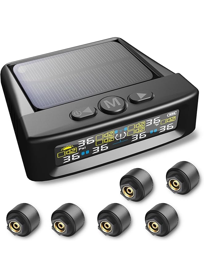 KASTWAVE Tire Pressure Monitoring System, Tpms With Solar And Usb Charger, Tpms With 6 External Sensors & 6 Alarm Modes, Lcd Display, Auto Sleep Mode, Easy To Install, For Rv, Sedan, Suv, Mpv, Etc - Image 1