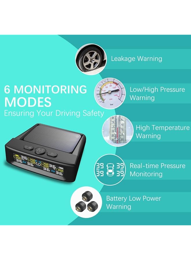 KASTWAVE Tire Pressure Monitoring System, Tpms With Solar And Usb Charger, Tpms With 6 External Sensors & 6 Alarm Modes, Lcd Display, Auto Sleep Mode, Easy To Install, For Rv, Sedan, Suv, Mpv, Etc - Image 3