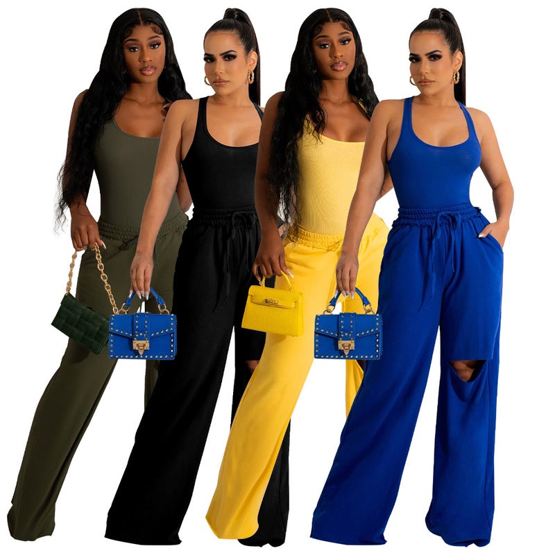 Fashion Solid U-Neck Jumpsuit Wide Leg Outfit Yellow  - Image 2