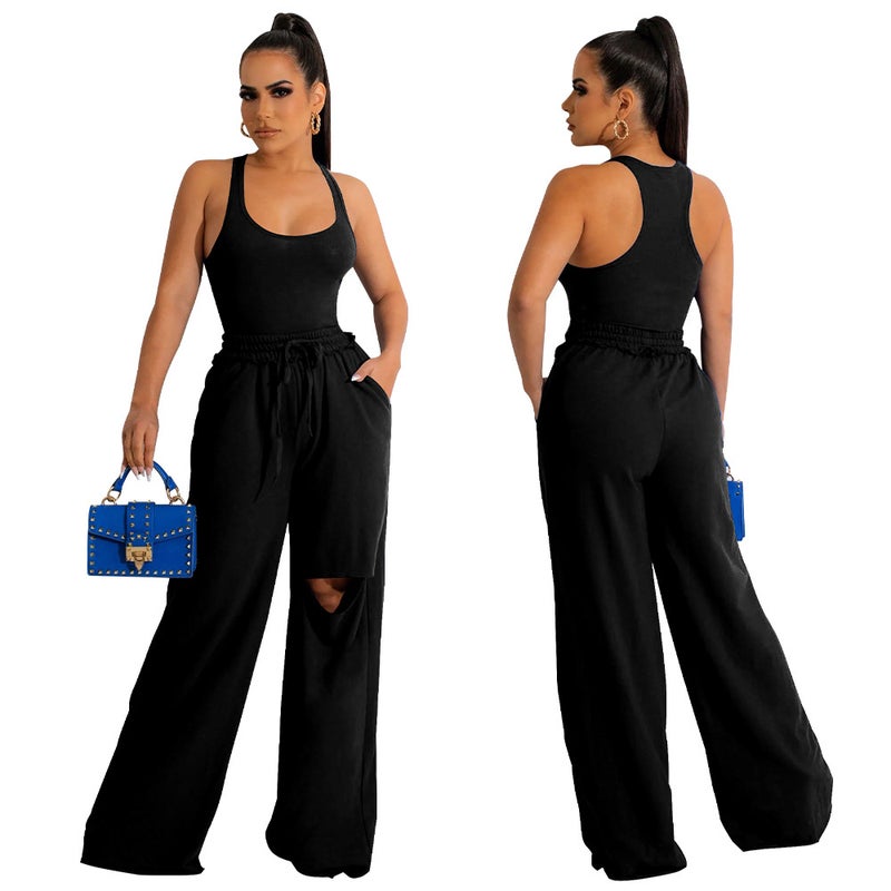Fashion Solid U-Neck Jumpsuit Wide Leg Outfit Yellow  - Image 3