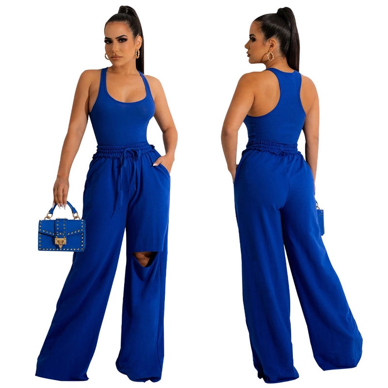 Fashion Solid U-Neck Jumpsuit Wide Leg Outfit Yellow  - Image 4