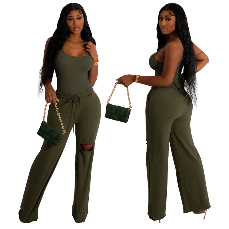 Fashion Solid U-Neck Jumpsuit Wide Leg Outfit Yellow  - Image 5