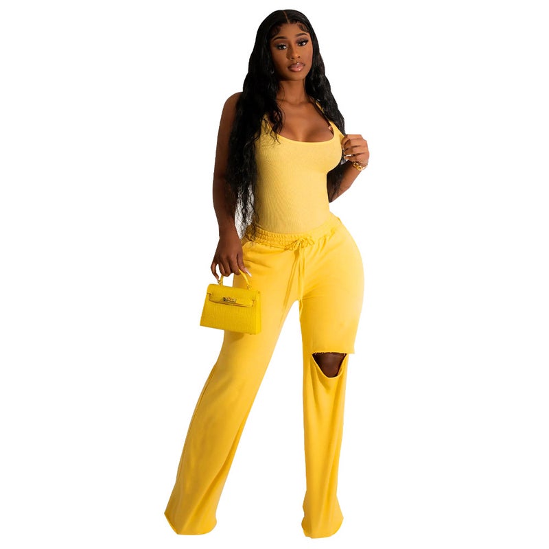 Fashion Solid U-Neck Jumpsuit Wide Leg Outfit Yellow  - Image 1