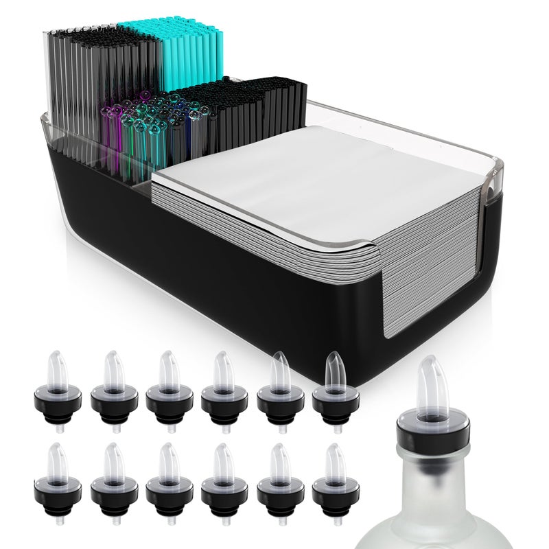 Esatto Professional Bar Products Premium Bar Caddy Black Used to Easily Organize Bar Items and Workspace With Additional 12 Pourers For Precision Pouring and 12 Pourer Covers