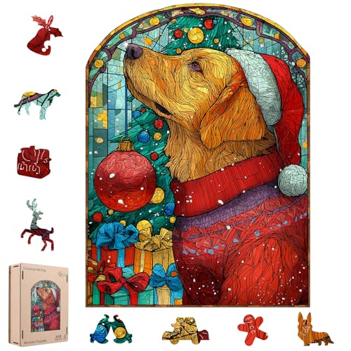 MEATRN Christmas Jigsaw Puzzles for Adults Dog with Santa Hat 202 Pcs Unique Shaped Holiday Wood Puzzle with Wooden Storage Box Festive Family Game Night for Art Lovers 89x12 Inch - Image 1