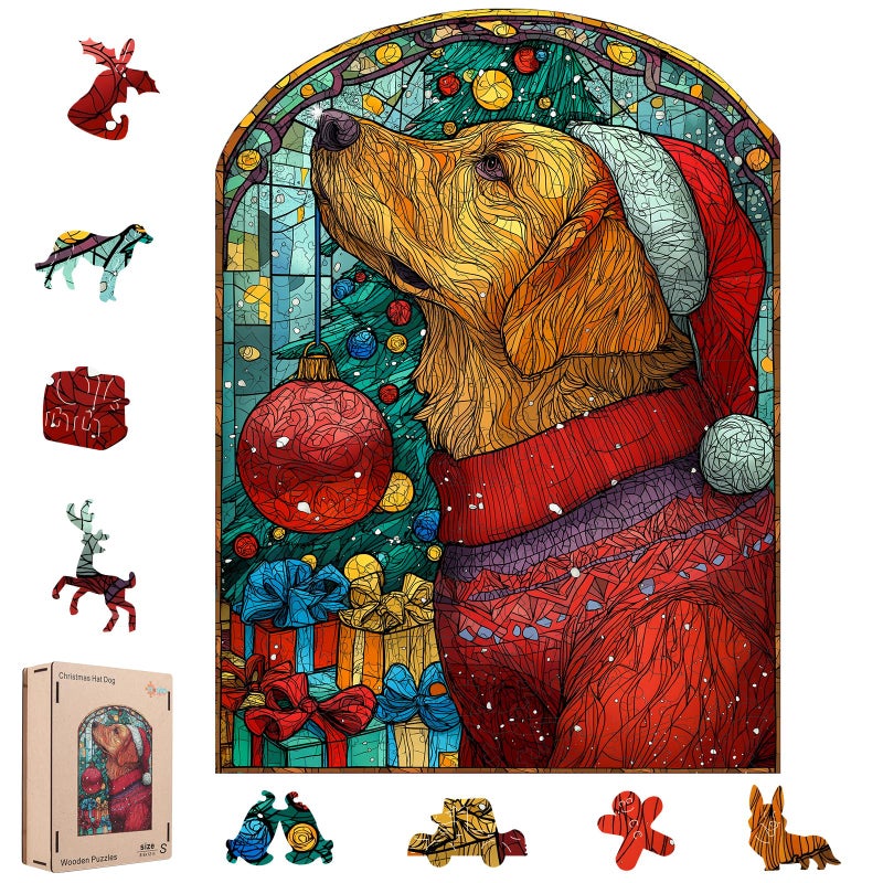 MEATRN Christmas Jigsaw Puzzles for Adults Dog with Santa Hat 202 Pcs Unique Shaped Holiday Wood Puzzle with Wooden Storage Box Festive Family Game Night for Art Lovers 89x12 Inch - Image 3
