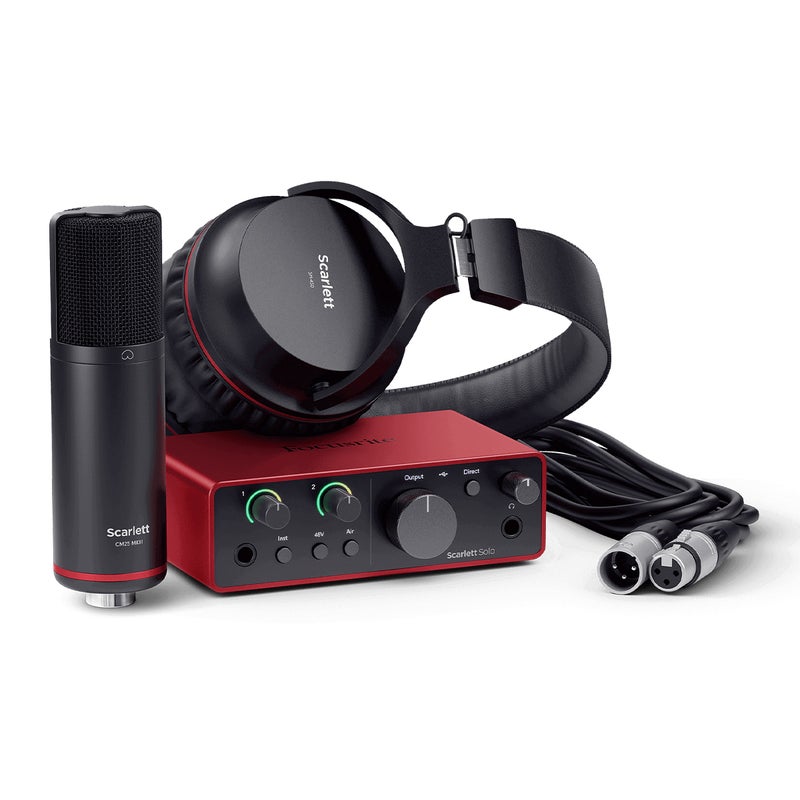 Focusrite Scarlett Solo Audio Interface, CM25 MkIII Condenser Microphone, SH-450 Headphones, and XLR Cable - Image 1