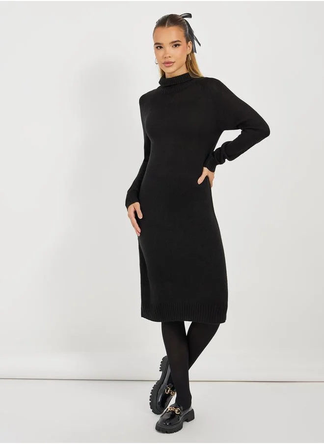 Styli Textured Knit Sweater Knee Length Dress