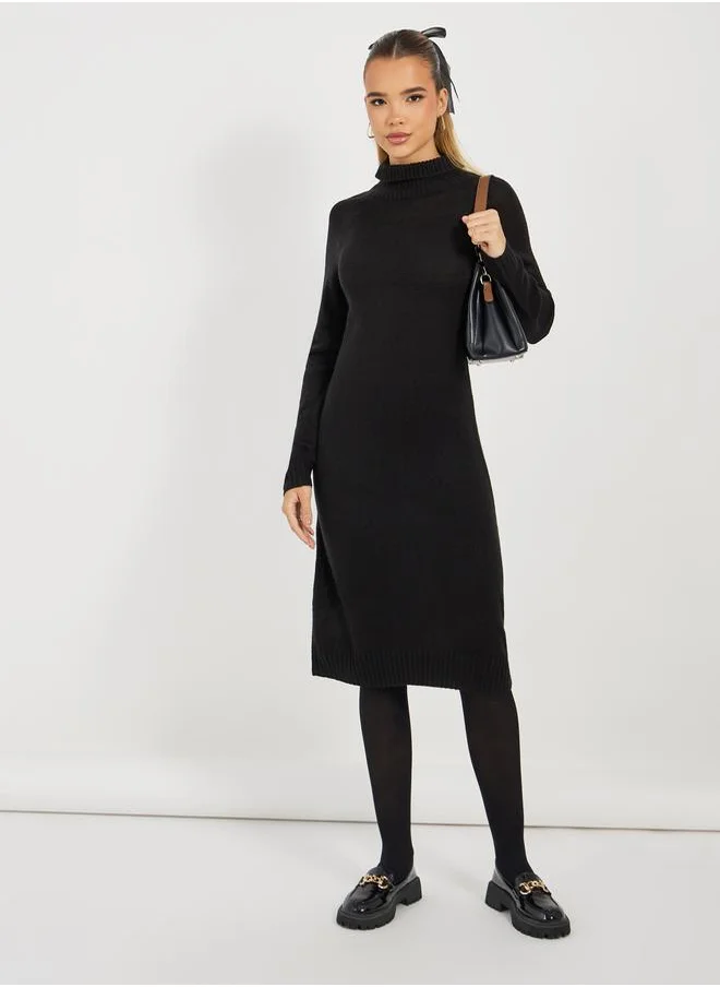 Styli Textured Knit Sweater Knee Length Dress