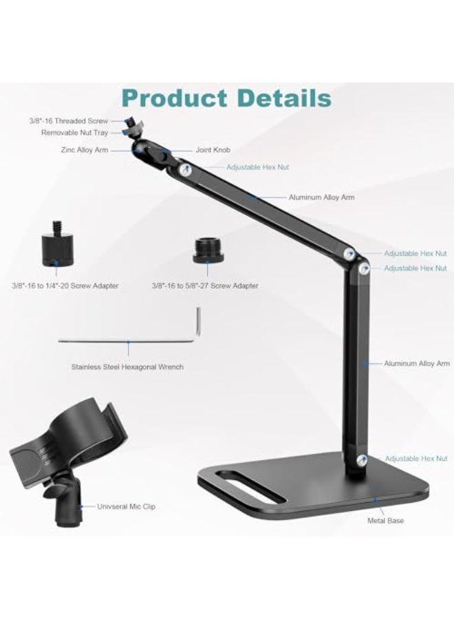 WALALLA Universal Microphone Stand with Quick-Release Clip - Heavy-Duty Adjustable Arm with 1/4" & 5/8" Adapters, Compatible with Blue Yeti/Shure/Fifine/AT2020/Rode Mics - Image 5