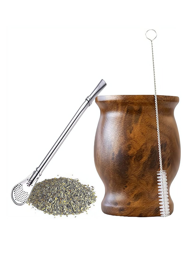 KASTWAVE 230ml Yerba Mate Tea Cup Wood Grain Color Stainless Steel Double Walled Easy Wash Household Insulation Cup Mate Gourds for Yerba Mate Loose Leaf Drinking with Bombilla Straw - Image 1
