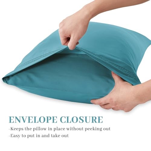 YIYEA Pillow Cases Standard Size Set of 4, Ultra Soft 1800TC Hotel Quality Double Brushed Microfiber Embroidered Pillowcases, Envelope Closure, Fade Resistant (20"x26", Teal) - Image 5