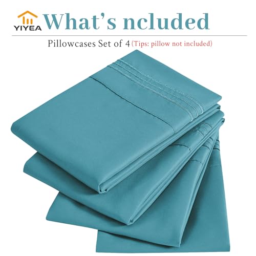 YIYEA Pillow Cases Standard Size Set of 4, Ultra Soft 1800TC Hotel Quality Double Brushed Microfiber Embroidered Pillowcases, Envelope Closure, Fade Resistant (20"x26", Teal) - Image 2