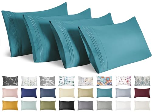 YIYEA Pillow Cases Standard Size Set of 4, Ultra Soft 1800TC Hotel Quality Double Brushed Microfiber Embroidered Pillowcases, Envelope Closure, Fade Resistant (20"x26", Teal) - Image 1