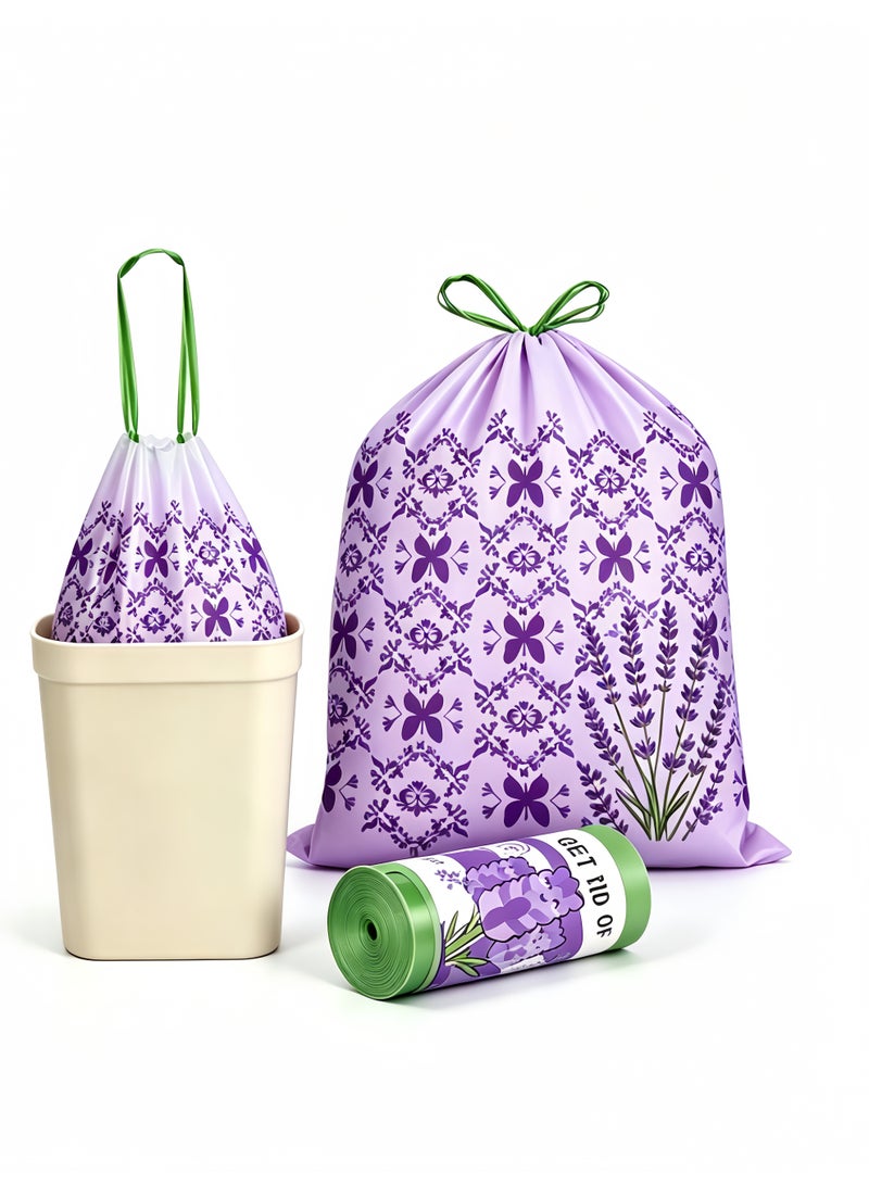150 Counts Trash Bags (8 Gallon) with Printed & Lavender Scented, Drawstring Medium Garbage Bags, Leak-Proof, Tear-Resistant & Fragrant Trash Can Liners, Extra Thick Trash Bags for Home/Office, Wide Handles for Easy Carry - Image 1