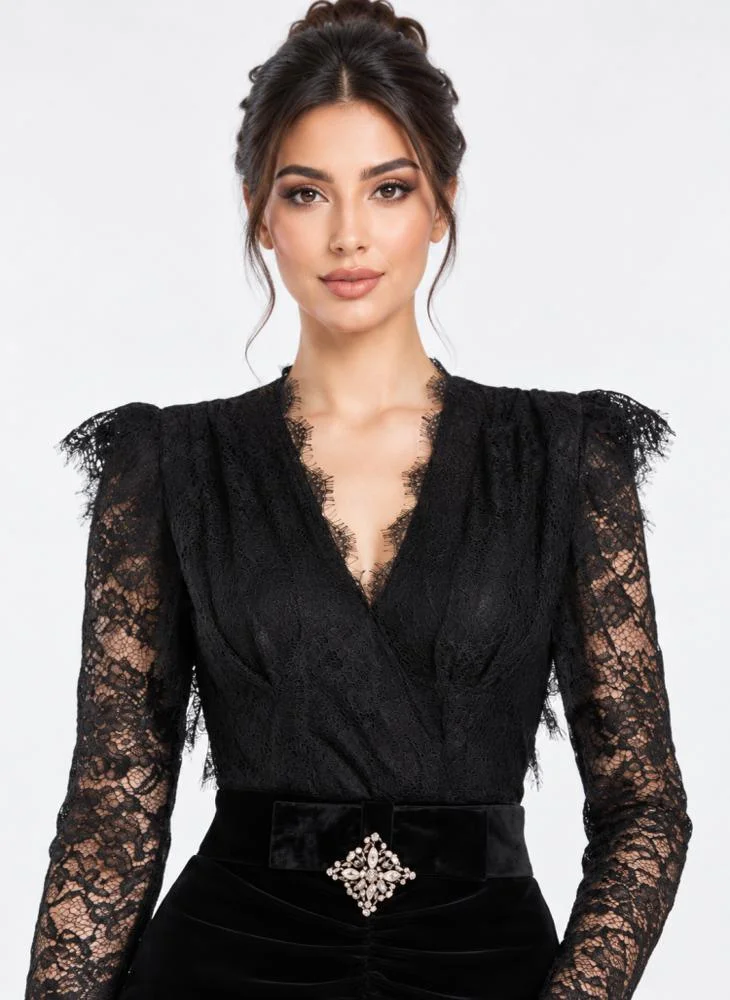 Opera Fashion Black Lace and Velvet Long Evening Dress with Long Sleeves
