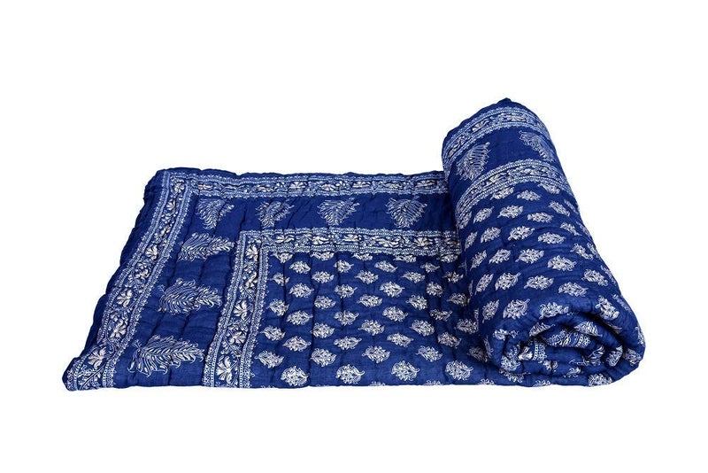 SVT SVT Traditional famous jaipuri beautiful floral print in royal blue Silver gold Jaipuri RajaiRazaiQuilt DoubleDouble Bed QuiltComforterAC QuiltAC Comforter  - Image 3