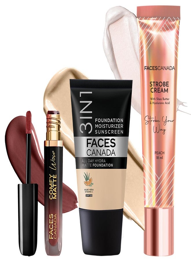 فاسيسكانادا مجموعة مكياج FACES CANADA Date Night Glow Trio | كريم ستروب - خوخي (18 مل) + كريم أساس هيدرا مات - وردي عاجي (18 مل) + أحمر شفاه سائل كومفي مات واو - كاكاو كراش (3.8 مل) | مجموعة مكياج لإضفاء إشراقة ونضارة - Image 1