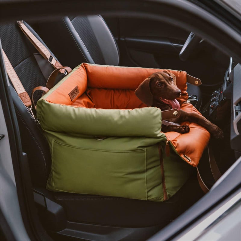 FUNNY FUZZY FUNNYFUZZY Leather Dog Car Seat for Small ï¼† Medium Sized Dogs Up to 35lbs, Waterproof and Washable Dog Booster Seat Car Bed for Travel and Home,Portable and Safety(Green) - Image 1