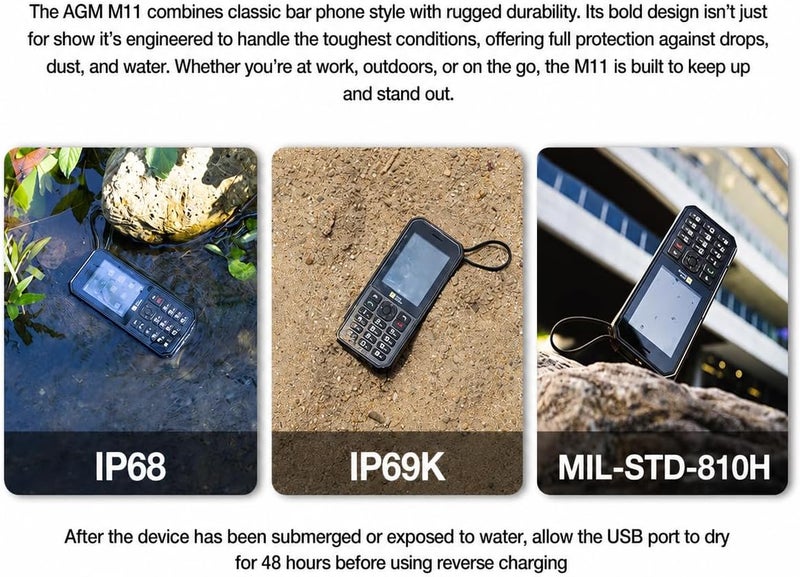 AGM M11 Rugged Basic Mobile Phone, 4000mAh Long Standby,Includes SIM card | 4G Mobile Hotspot｜IP68/IP69K Waterproof｜Dual SIM｜USB-C｜Flashlight｜Emergency All-Rounder - Image 2