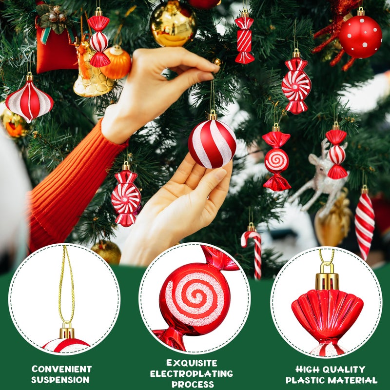 Fayoo Christmas Ornaments Candy Lollipop Set -48Pcs for Xmas Tree Decoration Hanging Plastic Gloss Candy Canes Ball Pendants for New Year Home Decor Party Supplies (Red) - Image 3