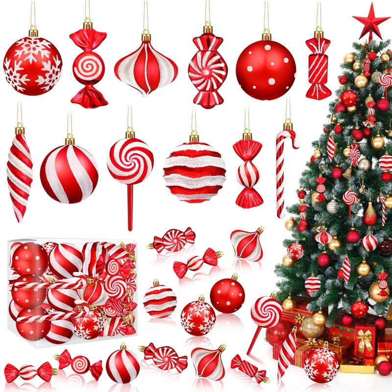 Fayoo Christmas Ornaments Candy Lollipop Set -48Pcs for Xmas Tree Decoration Hanging Plastic Gloss Candy Canes Ball Pendants for New Year Home Decor Party Supplies (Red) - Image 1