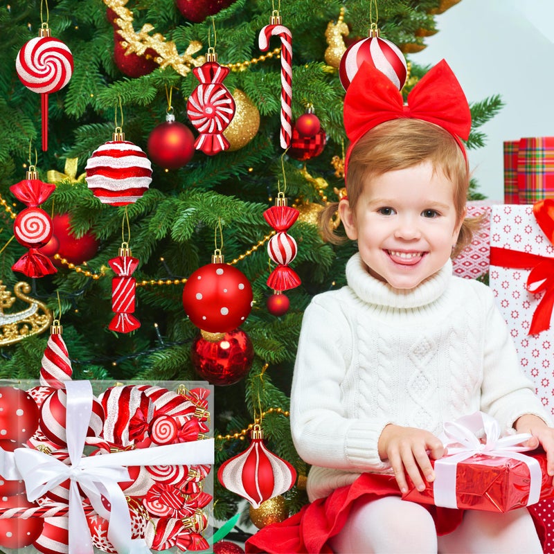 Fayoo Christmas Ornaments Candy Lollipop Set -48Pcs for Xmas Tree Decoration Hanging Plastic Gloss Candy Canes Ball Pendants for New Year Home Decor Party Supplies (Red) - Image 5