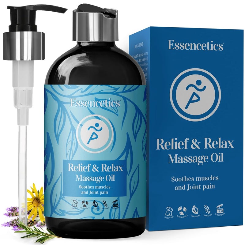 Essencetics 8 oz  Relief  Relax Sore Muscle Massage Oil with 100 Pure Arnica Lavender  Rosemary Oils  Soothes Muscles  Joint with Relaxing Massage Oil for Massage Therapy - Image 1
