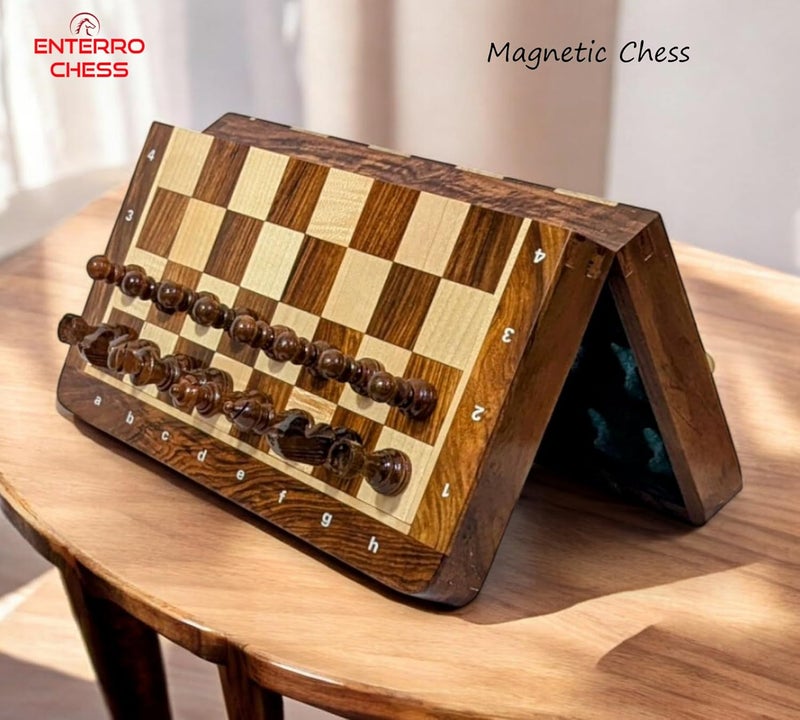 ENTERRO Wooden Chess Board Set 10" x 10" with NOTATIONS - Foldable Magnetic Wooden Chess Set with 2 Extra Queens - Image 2