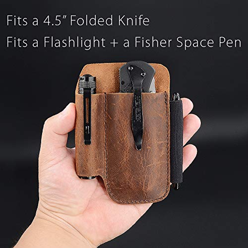 diodrio EDC Belt Knife Sheath Organizer for 4.5" Knife, Fit 0.6" Diameter Tactical Flashlight, Pocket Slip Tool Pouch, Pen Loop, EDC Holster Essential Carrier, Premium Leather. Chestnut. - Image 3
